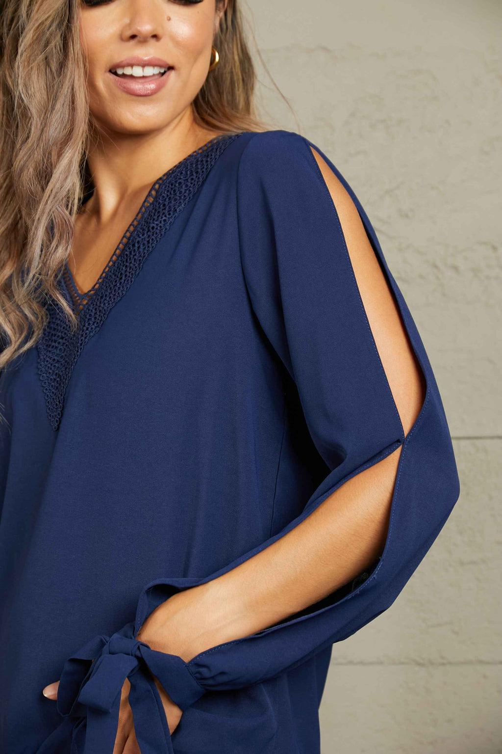 Perfee V-Neck Tie Cuff Slit Blouse 2432b16000e446878bf00bbecbc9f172-Max