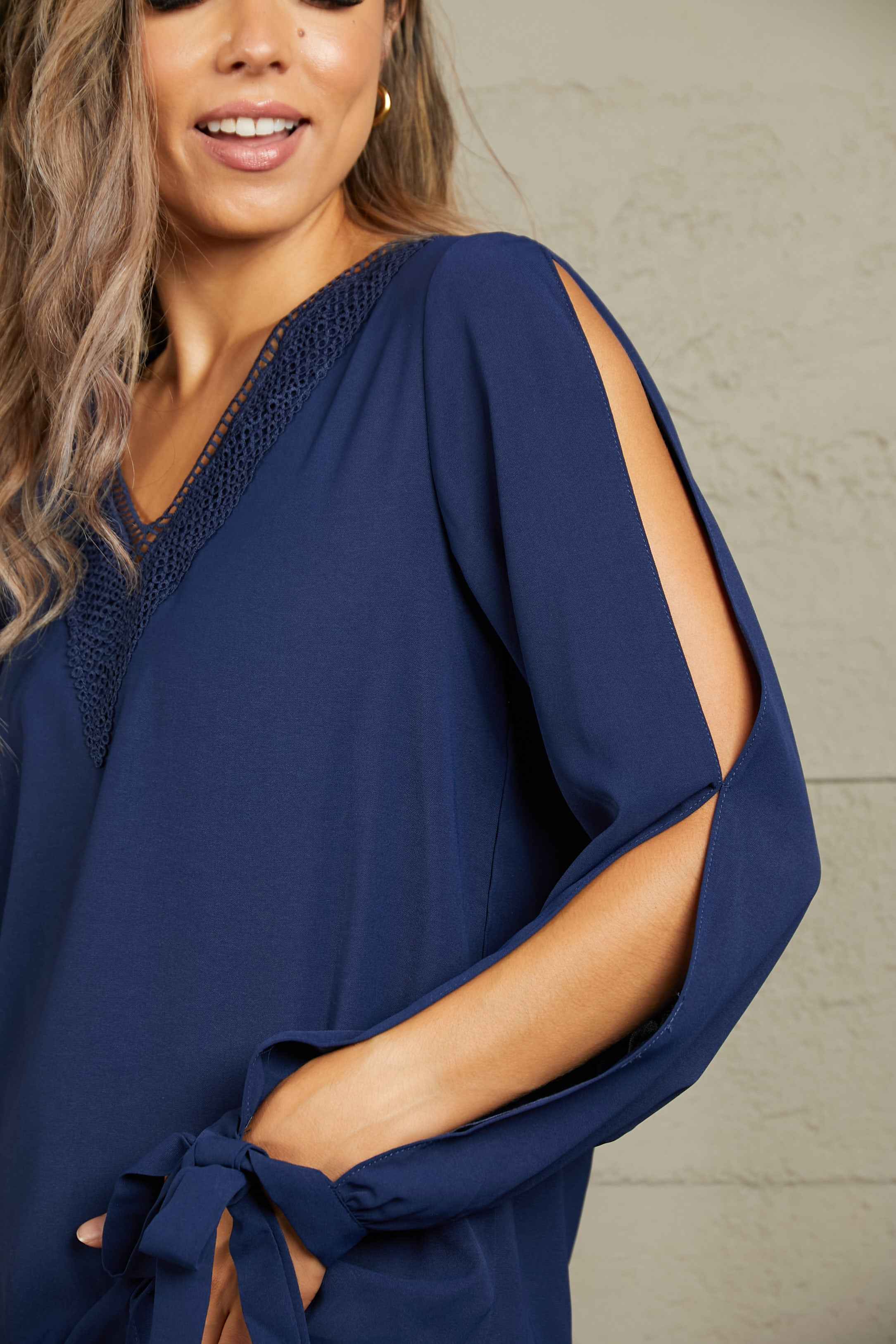 Perfee V-Neck Tie Cuff Slit Blouse 2432b16000e446878bf00bbecbc9f172-Max