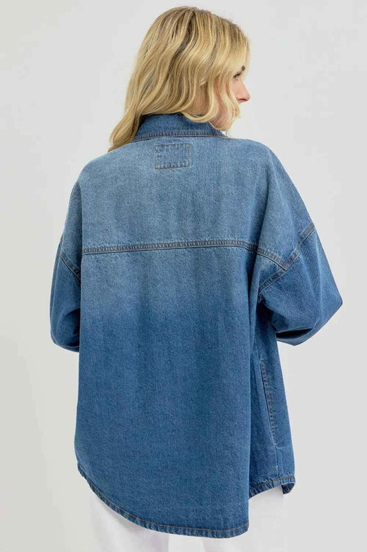 RISEN Full Size Snap Down Long Sleeve Denim Shacket 2434f20d-d102-4522-be45-f4ef615b2526-Max