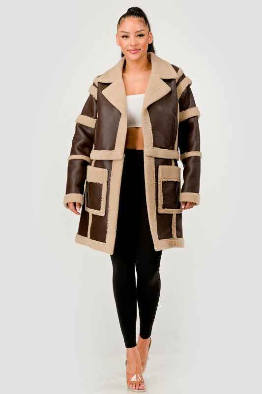 Brown Faux Leather Shearling Trim Coat 24351033_3a732838-b6fc-4351-9ae5-d5eee172266f