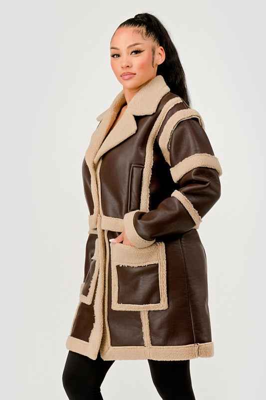Brown Faux Leather Shearling Trim Coat 24351033_49fa4403-323b-4c38-a678-93c4e3ea9ed3
