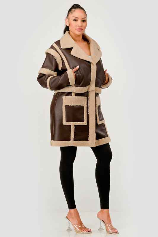 Brown Faux Leather Shearling Trim Coat 24351033_4e354d8e-41b0-40dd-98bb-5b8f18731d6f