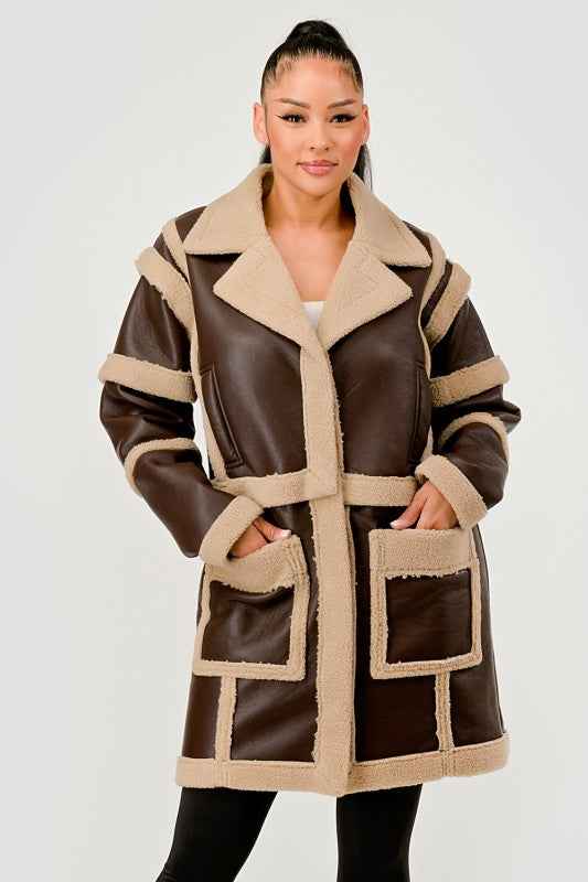 Brown Faux Leather Shearling Trim Coat 24351033_5b27f4f6-c76f-4e6d-be71-4b0d4f1f967c