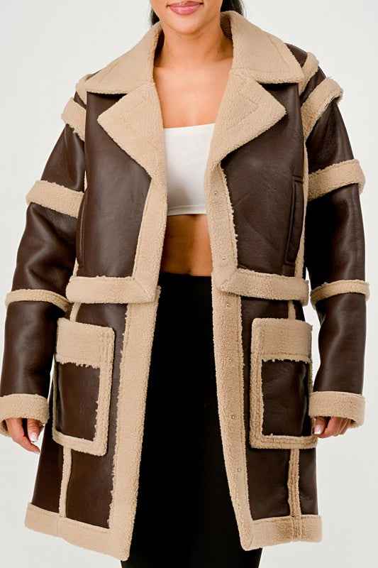 Brown Faux Leather Shearling Trim Coat 24351033_f664b037-63fe-41aa-9f21-060f7a4cb469