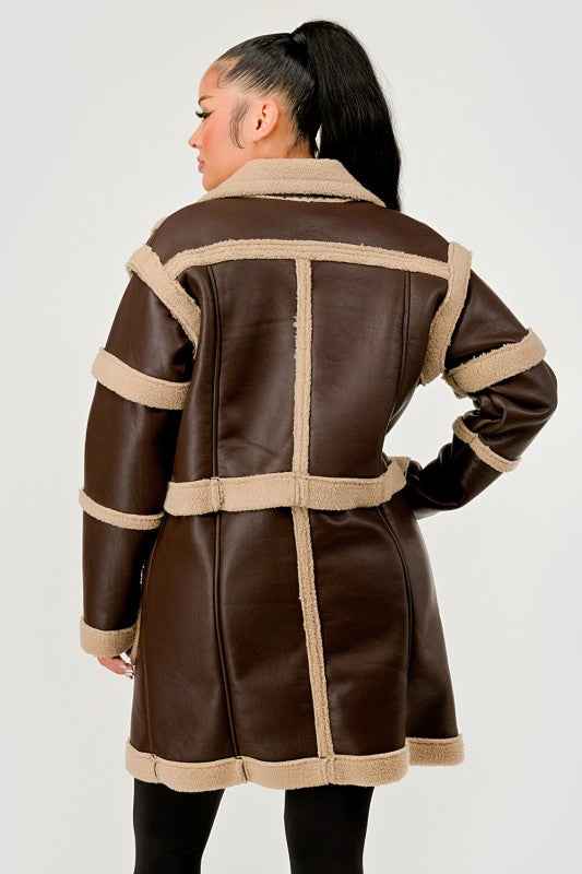 Brown Faux Leather Shearling Trim Coat 24351033_fbbf7091-e13e-4134-a05a-62fff0c110bb
