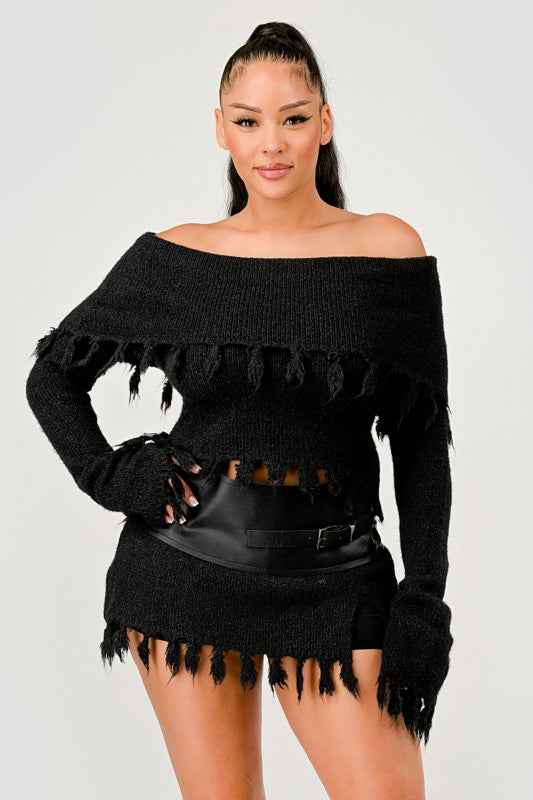 Off-Shoulder Knit Set with Faux Leather Mini Skirt 24351169_0ab6afc3-865a-48c4-badc-ed88523ee717
