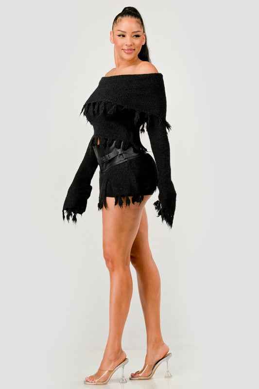 Off-Shoulder Knit Set with Faux Leather Mini Skirt 24351169_4bf87d2c-ce2a-49a6-9233-873da85f50c8