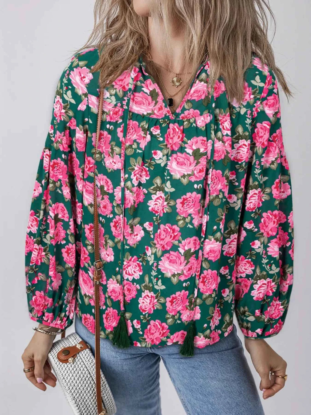 Floral Printed Tied Collar Puff Sleeve Blouse Floral 243626c5befa444289b12c08f357d0df-Max-Origin