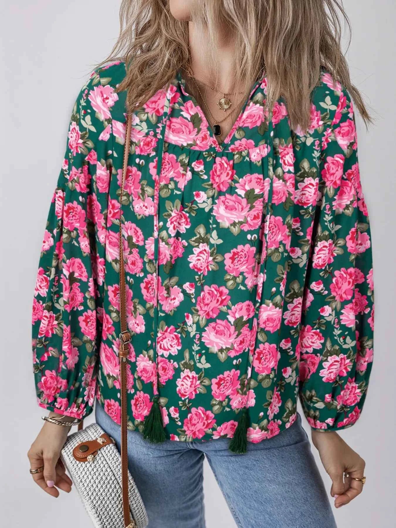 Floral Printed Tied Collar Puff Sleeve Blouse Floral 243626c5befa444289b12c08f357d0df-Max-Origin