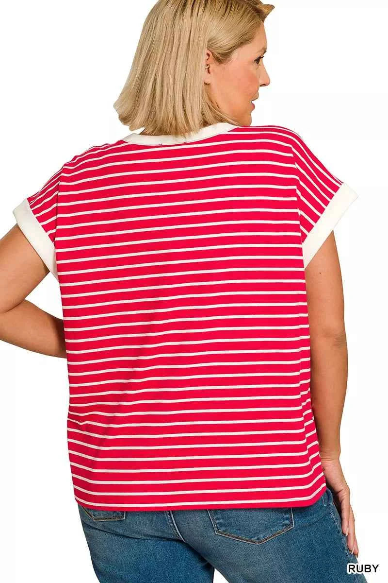 Zenana Full Size Contrast Trim Cap Sleeve Stripe Tee Plus Size 243da319-2737-4df5-a904-66a047ea5497-Max-Origin