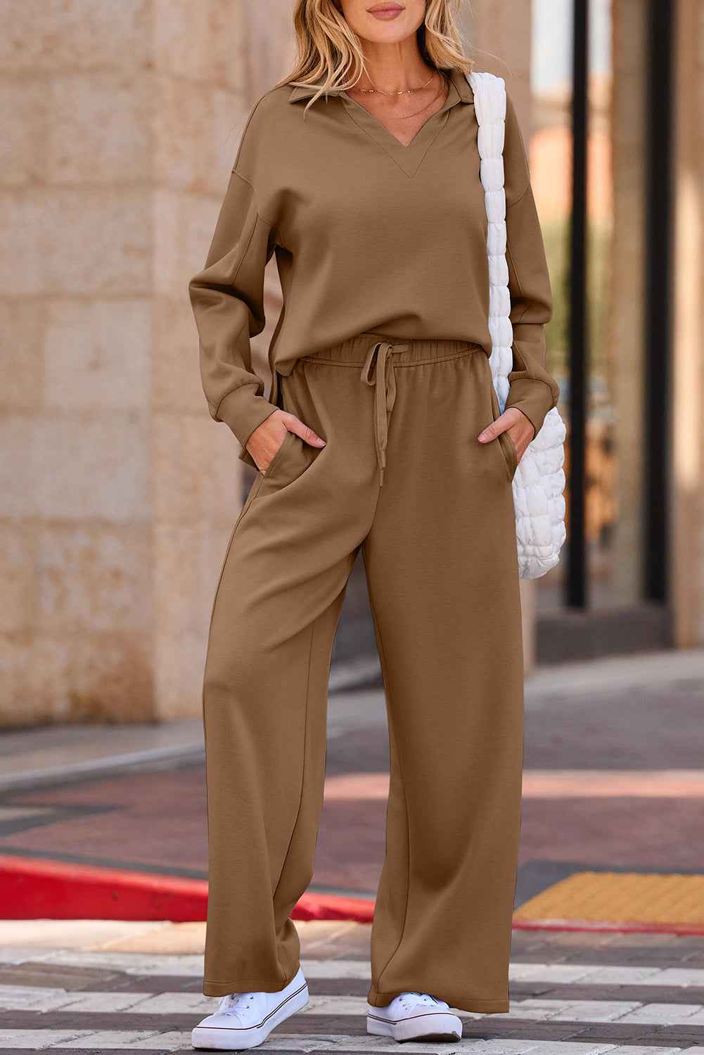 Coffee Solid Color V Neck Top and High Waist Pants Set 243e878ab5de356e