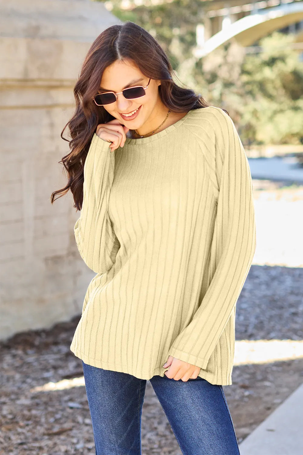 Basic Bae Full Size Ribbed Round Neck Long Sleeve Knit Top Light Yellow 243ec44609794ab1bdf76418a448a88f-Max