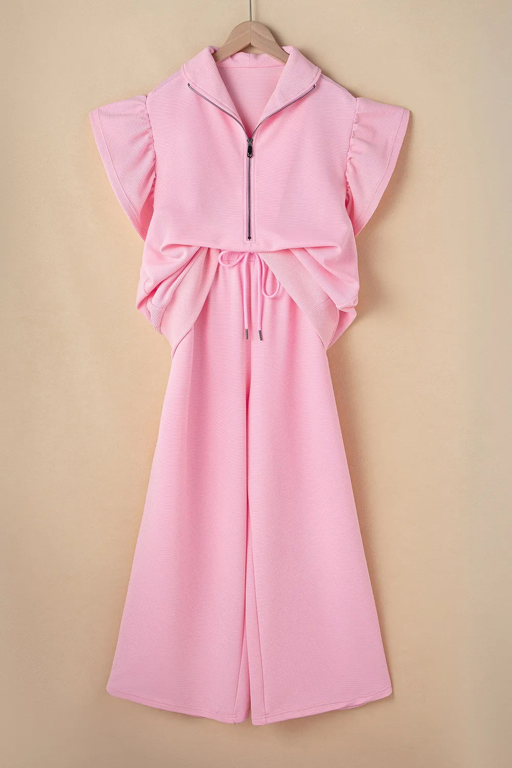 Textured Ruffled Sleeve Zipped Top and Wide Leg Pants Set 24443179-bde9-4898-9647-799d64a09400-Max-Origin