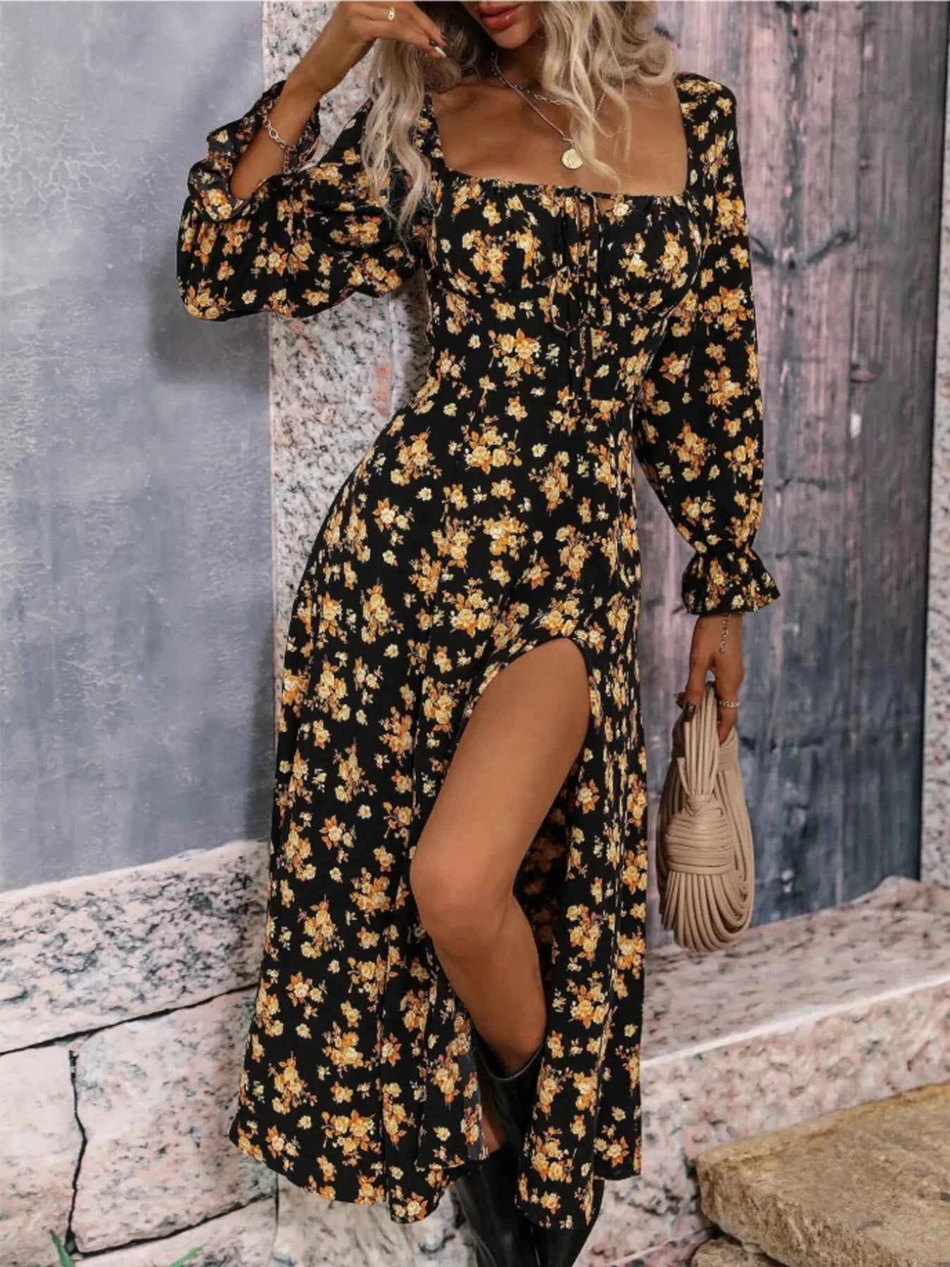 Floral Print Square Neck Flounce Sleeve Dress with Side Slit 2444afcd115f4b9c8b768e63d17bfe60-Max-Origin