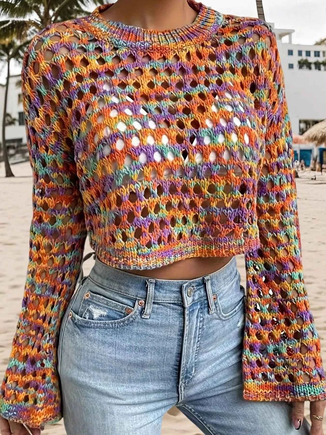 Rainbow Crochet Hollow Out Cropped Sweater