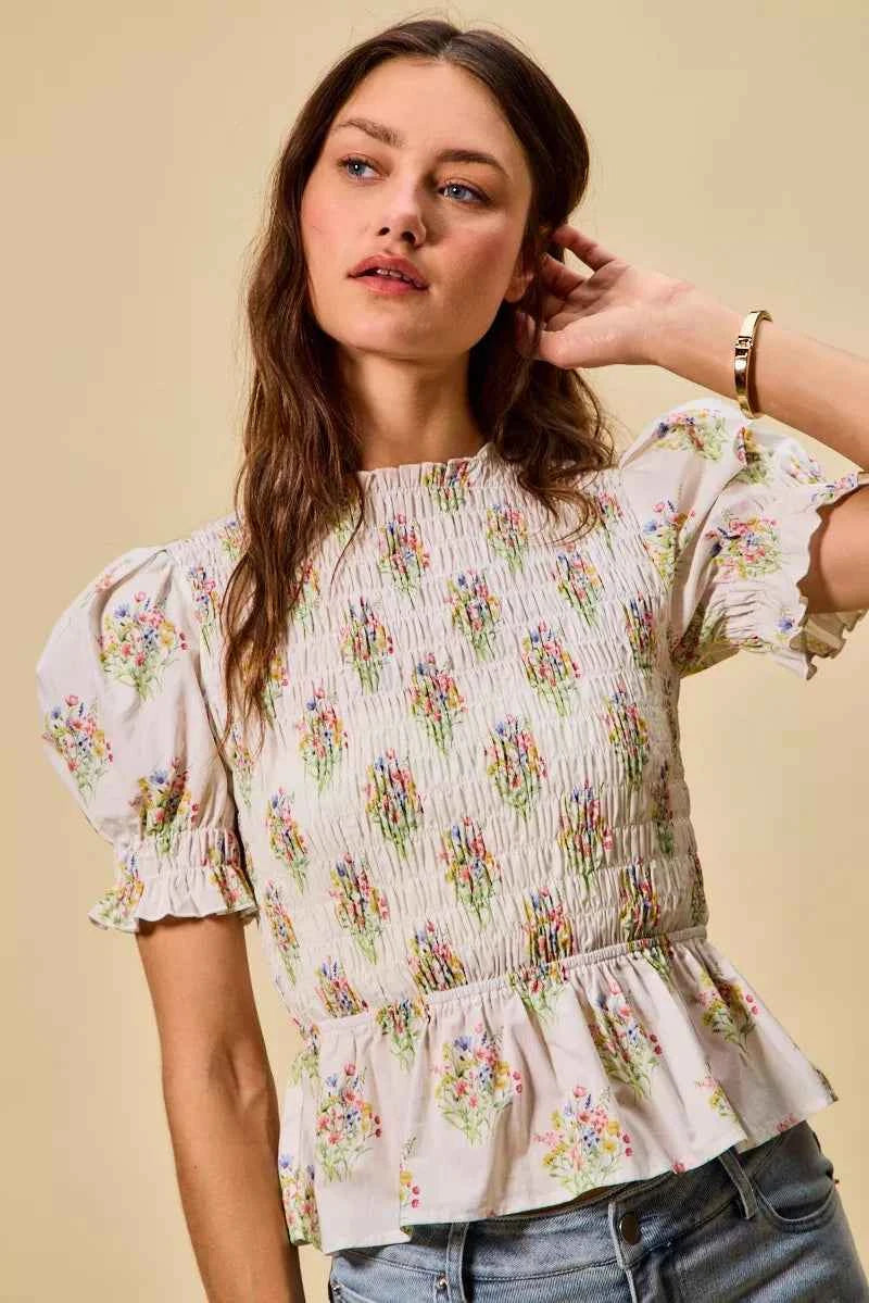 SO ME Floral Cotton Smocked Short Sleeves Blouse 2446b5f890124cab94b5930cc9e0d834-Max-Origin