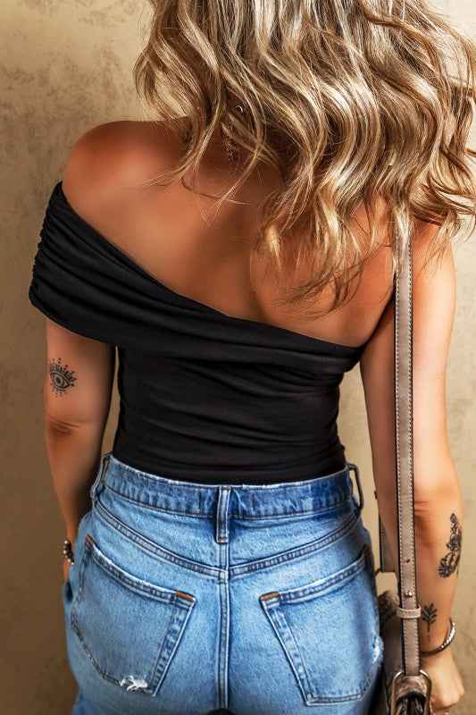 Black Solid Color Pleated One Shoulder Bodysuit 24471756_35ca2d76-b60e-4849-adf2-9ab545adff3d