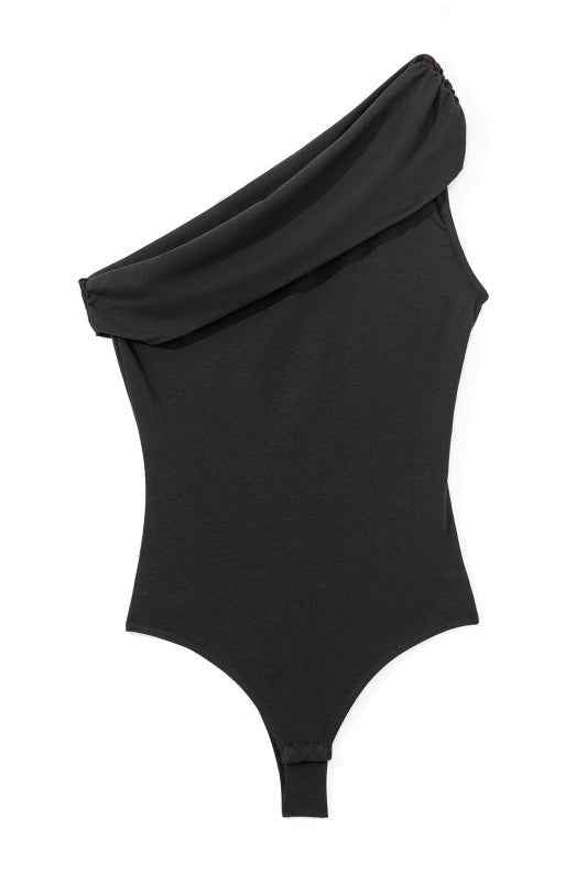 Black Solid Color Pleated One Shoulder Bodysuit 24471756_7c80afee-cbae-4f42-91b6-8944752f7dc9