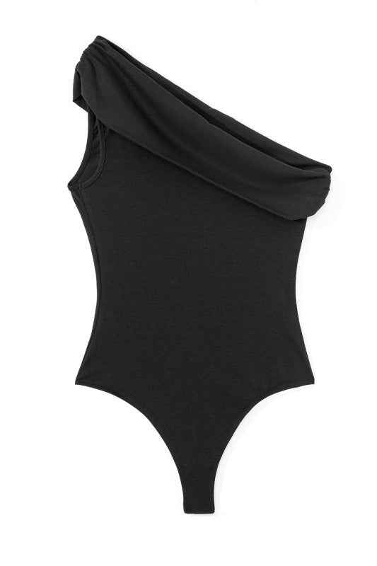 Black Solid Color Pleated One Shoulder Bodysuit 24471756_a2a59f29-02fa-4e30-a2f6-608ddf966021