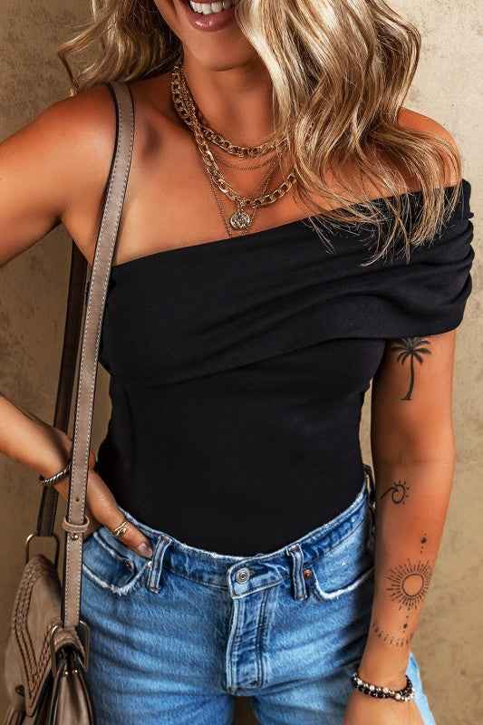 Black Solid Color Pleated One Shoulder Bodysuit 24471756_bcd13921-624e-4a14-9c5e-8d18a73ace8f