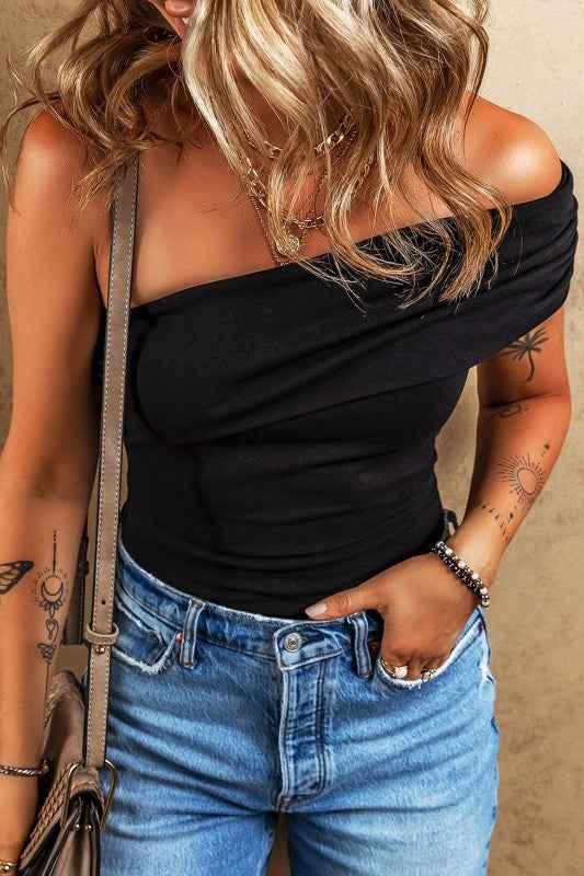 Black Solid Color Pleated One Shoulder Bodysuit 24471756_c6a8eabe-357f-4a42-9a0f-1edd730b53c6