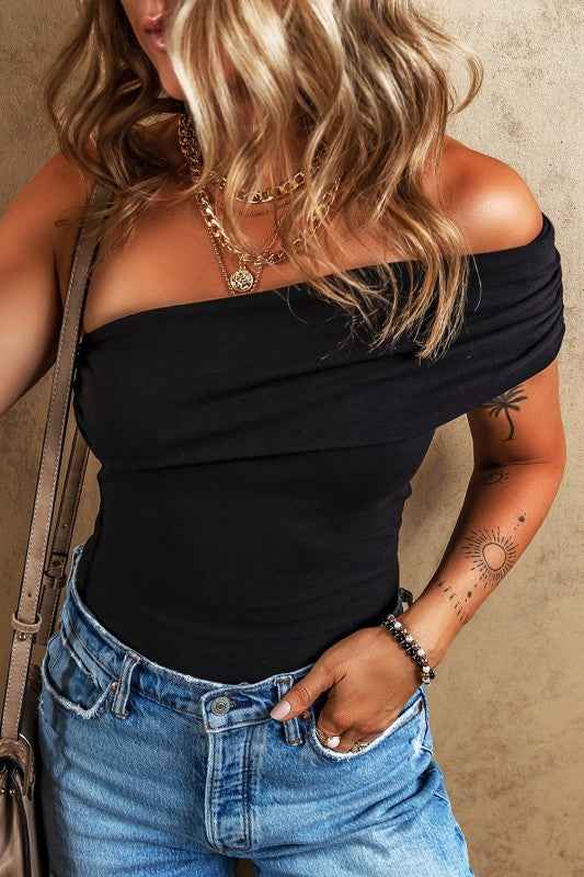 Black Solid Color Pleated One Shoulder Bodysuit Black 24471756_e28d6fbf-189a-4e0d-bde2-79356a4b56d9