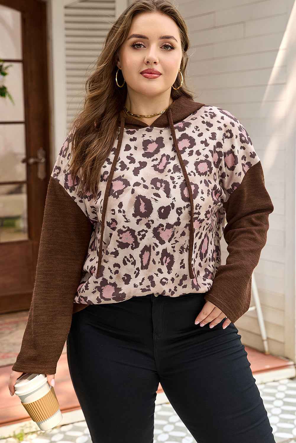 Brown Leopard Print Knit Patchwork Plus Hoodie 24475a4870f5f988