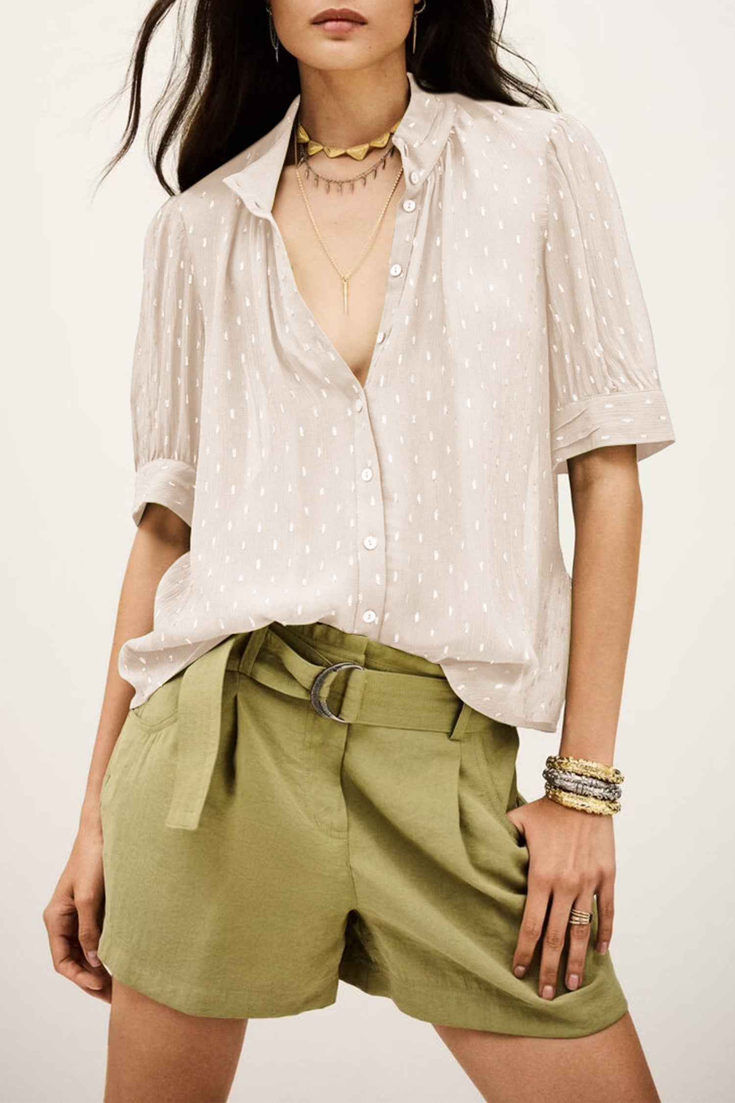 Beige Metallic Jacquard Short Sleeve Shirt Beige 100%Polyester 244be1f671dd95fa
