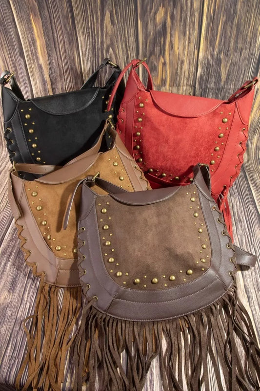 Fame Rivet Trim Suede Fringe Shoulder Bag 244d66b99881458397a3e9c49bfbd606-Max-Origin