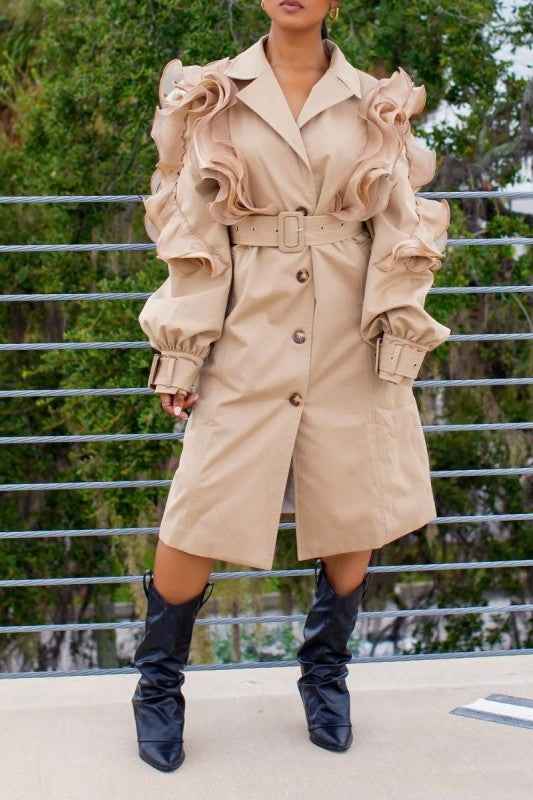 Ruffle Detail Belted Trench Coat KHAKI 24521623_3f183e53-f2c3-4a01-993a-94c4b599c484