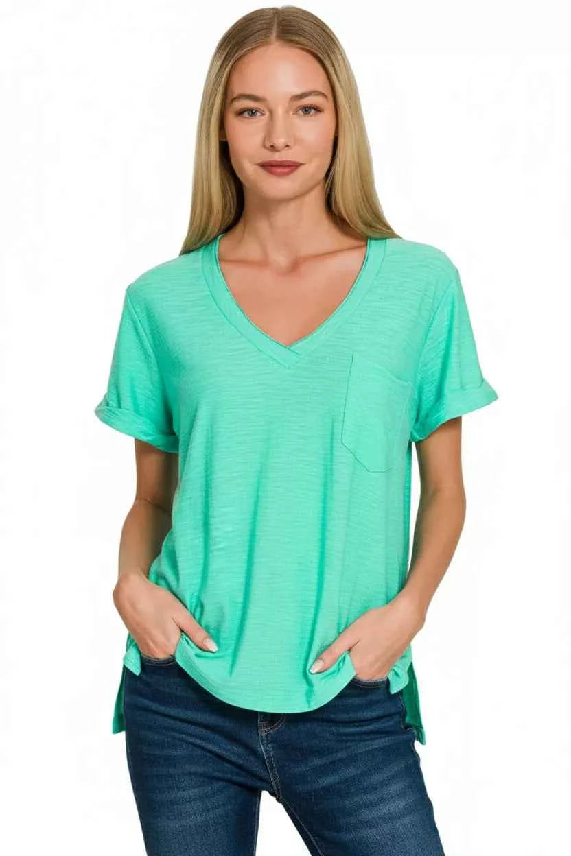 Zenana Slub Rolled Short Sleeve V-Neck Tee 245467d8-01fc-4709-bc0c-2e0cfbd421a8-Max-Origin