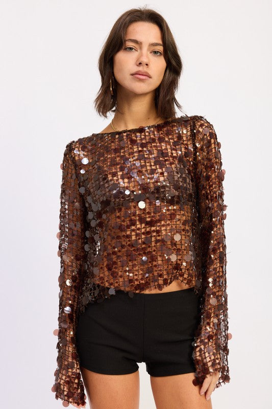 Long sleeve sequin mesh top BROWN 24570907_fdfaca25-6fa4-4e12-9655-ac10c2d16805