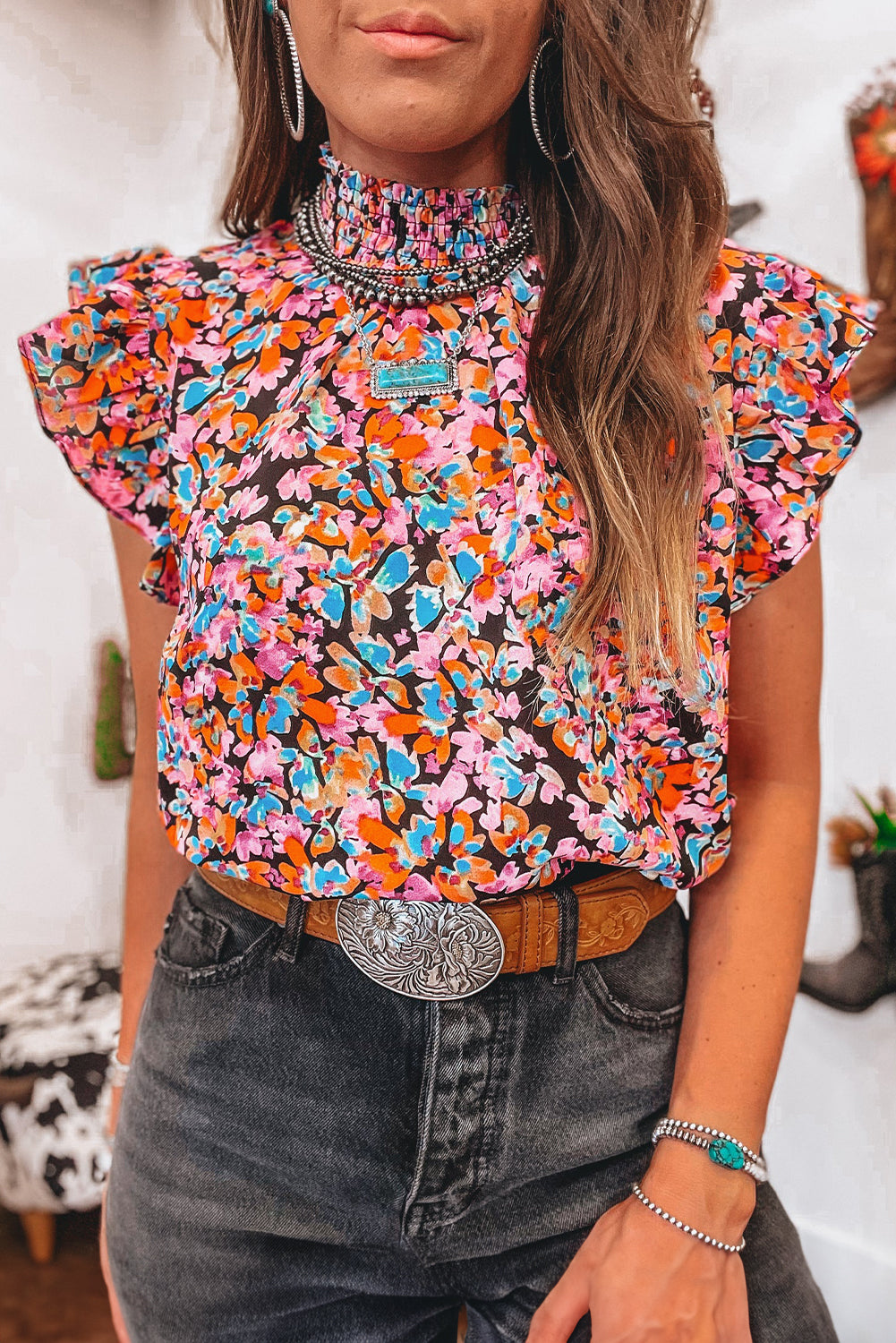 Orange Floral Print Shirred Stand Neck Flutter Shoulder Blouse 24572bd5ac4ebd69