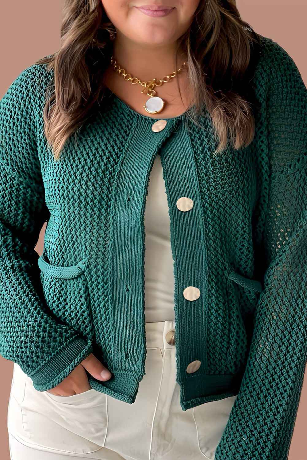 Blackish Green Plus Size Golden Accent Buttons Short Sweater Cardigan Blackish Green 60%Cotton+40%Acrylic 24581268eb7fa1d7