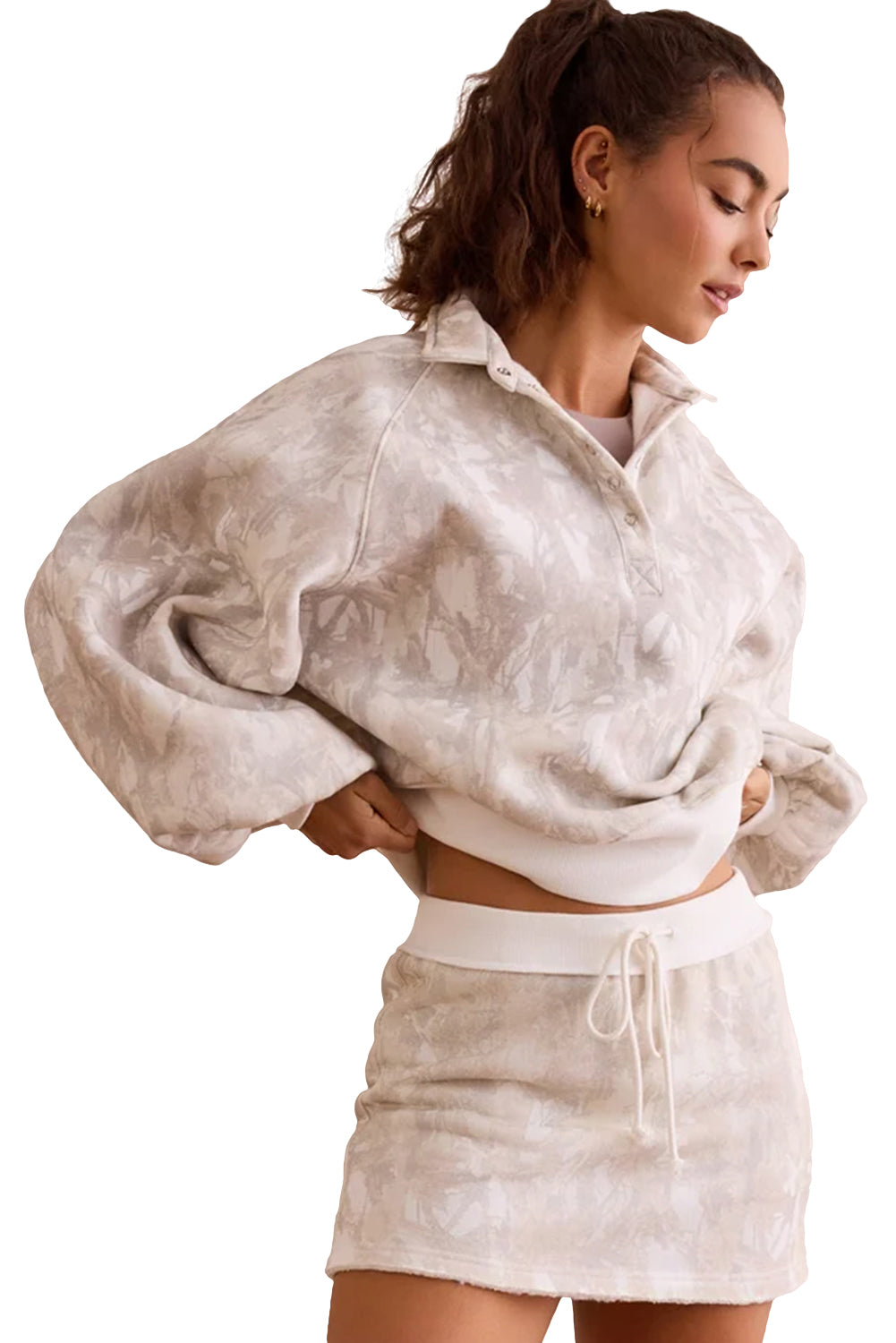White Abstract Woodland Print Balloon Sleeve Pullover Drawstring Mini Skort Set 245b0bbca3401881