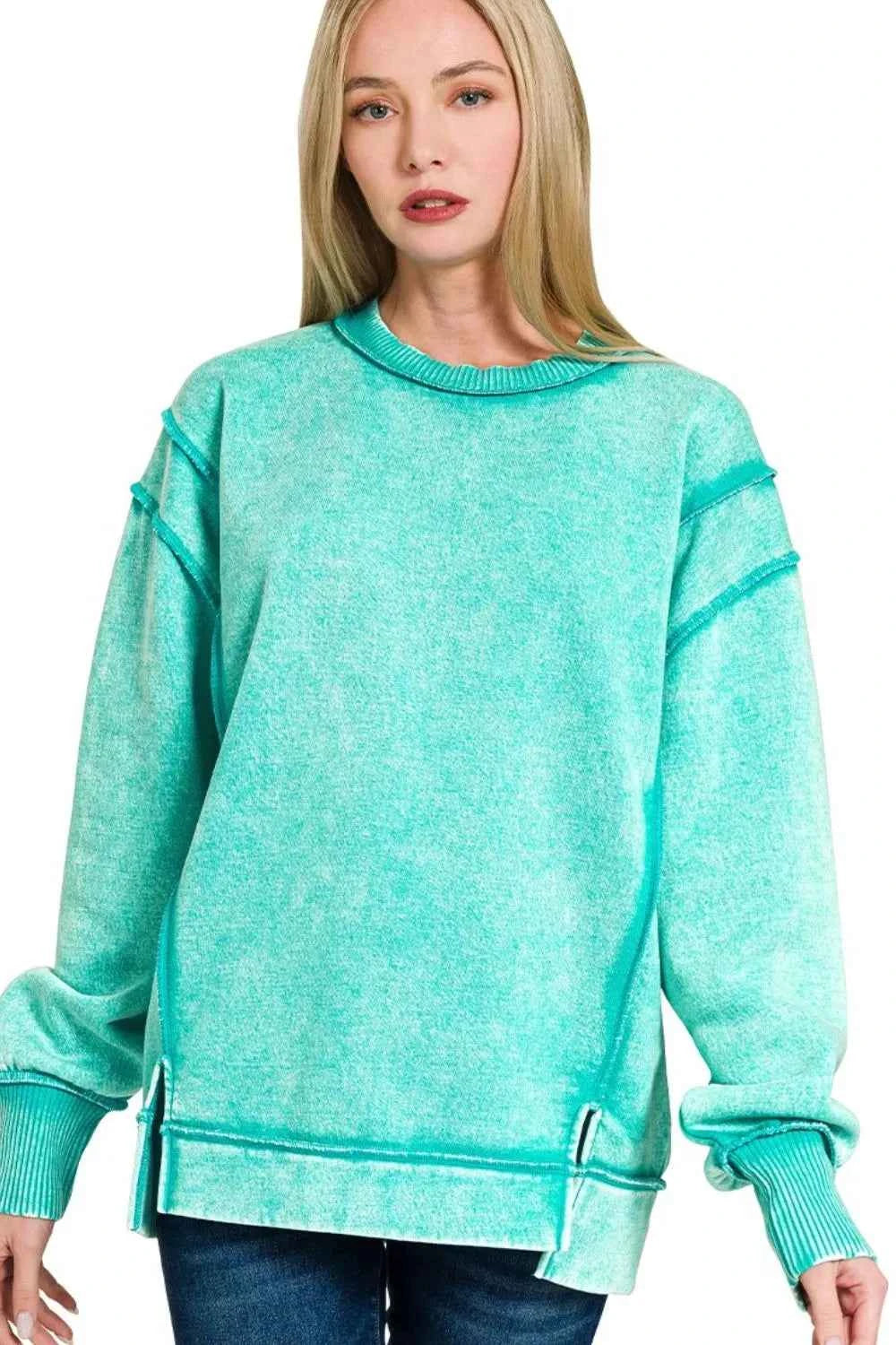 Zenana Acid Wash Exposed-seam Fleece Sweatshirt TURQUOISE 24680908-b5c6-4ed9-aaf2-f92b88d81f47-Max-Origin