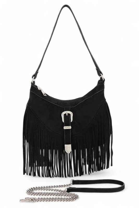 Western Buckle Faux Suede Fringe Bag Black O S 24694649_4bbac3fe-71b1-41be-9957-58baf6f18d05