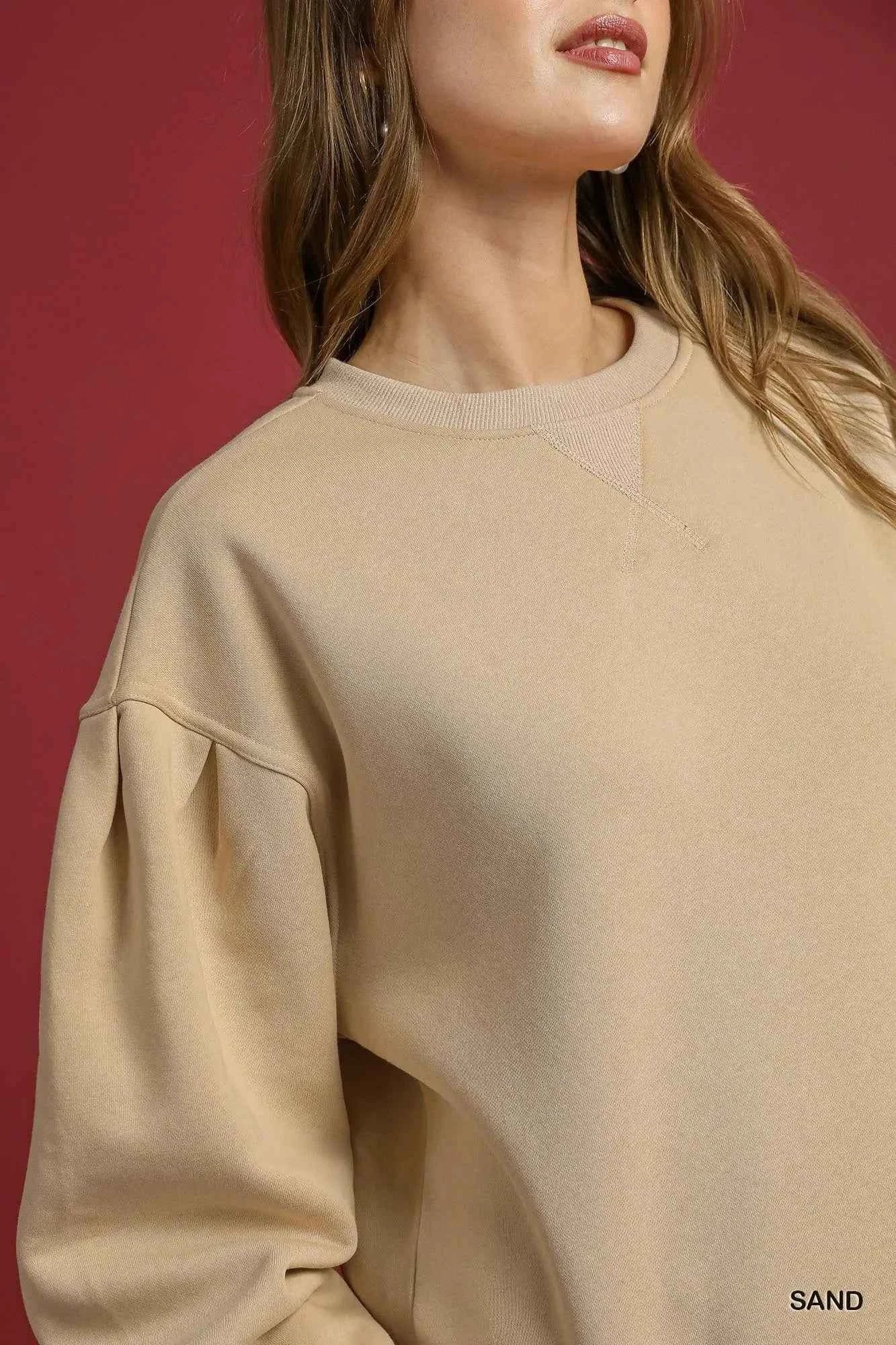 Umgee Round Neck Sweatshirt with Pleated Detail 246a859b-833a-436a-9d94-4b4f273803c3-Max-Origin