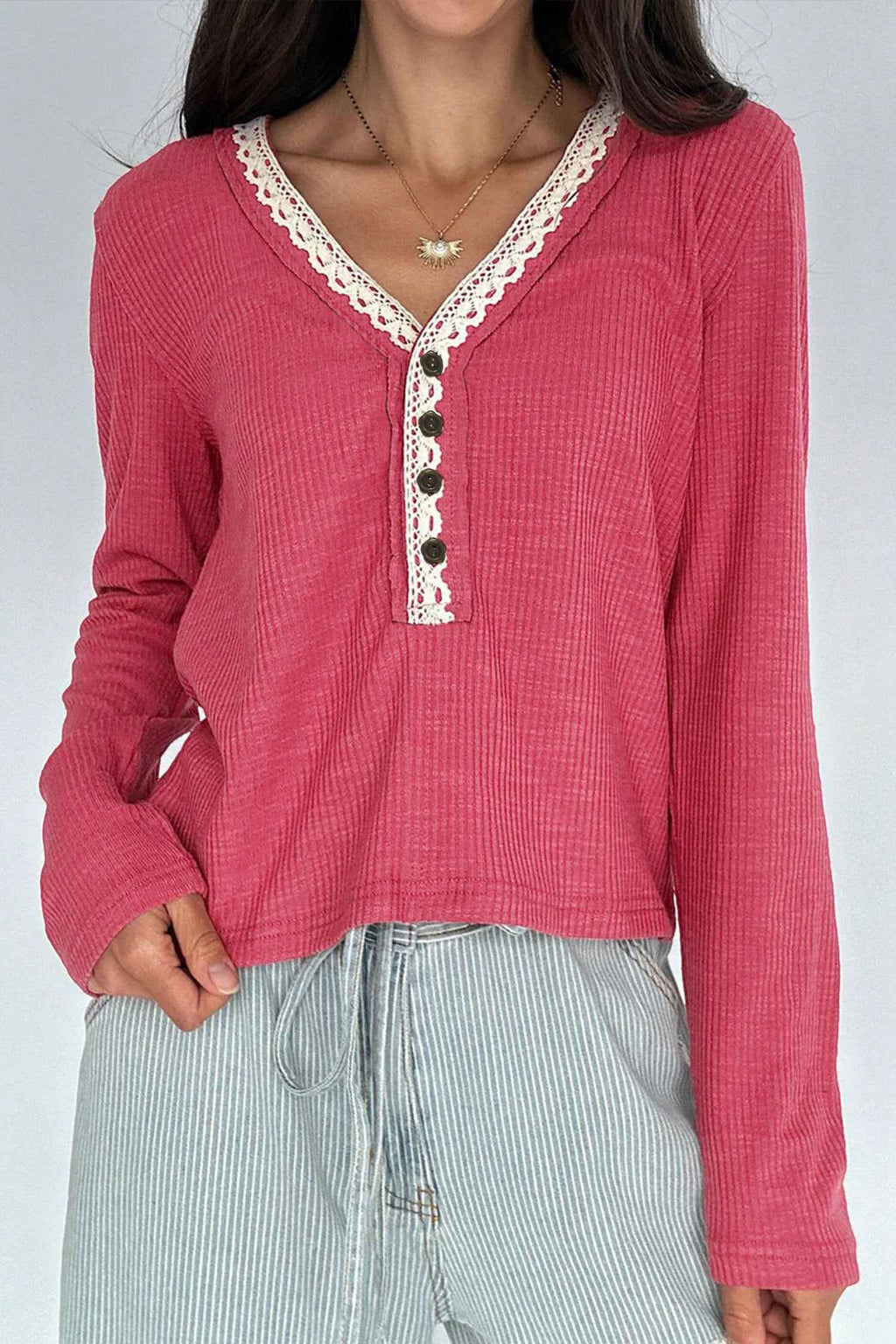 Racing Red Lace Detail V Neck Patchwork Ribbed Top Racing Red 246cb18f7654c7c0