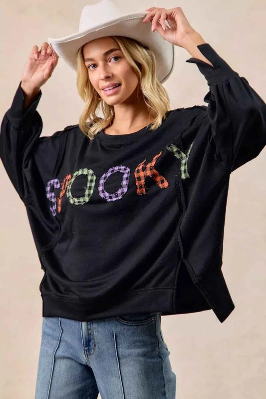 Spook Plaid Letter Print Oversized Sweatshirt 246df649b9fa43818f00c36987adfae0-Max-Origin