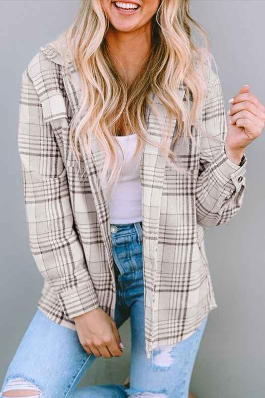 Plaid Removable Hood Buttoned Shacket Khaki 246e8230-d543-4325-9f78-625d0e96fded