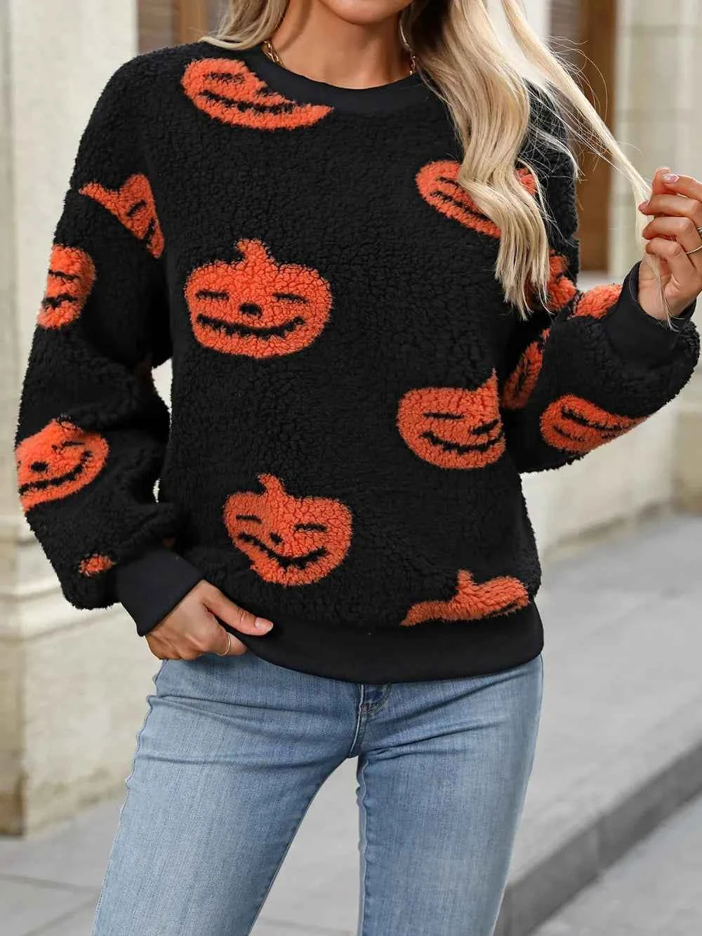 Fuzzy Pumpkin Round Neck Dropped Shoulder Sweater Orange 246eca0c-d54d-4158-9ee9-e7c6fd064fe1-Max