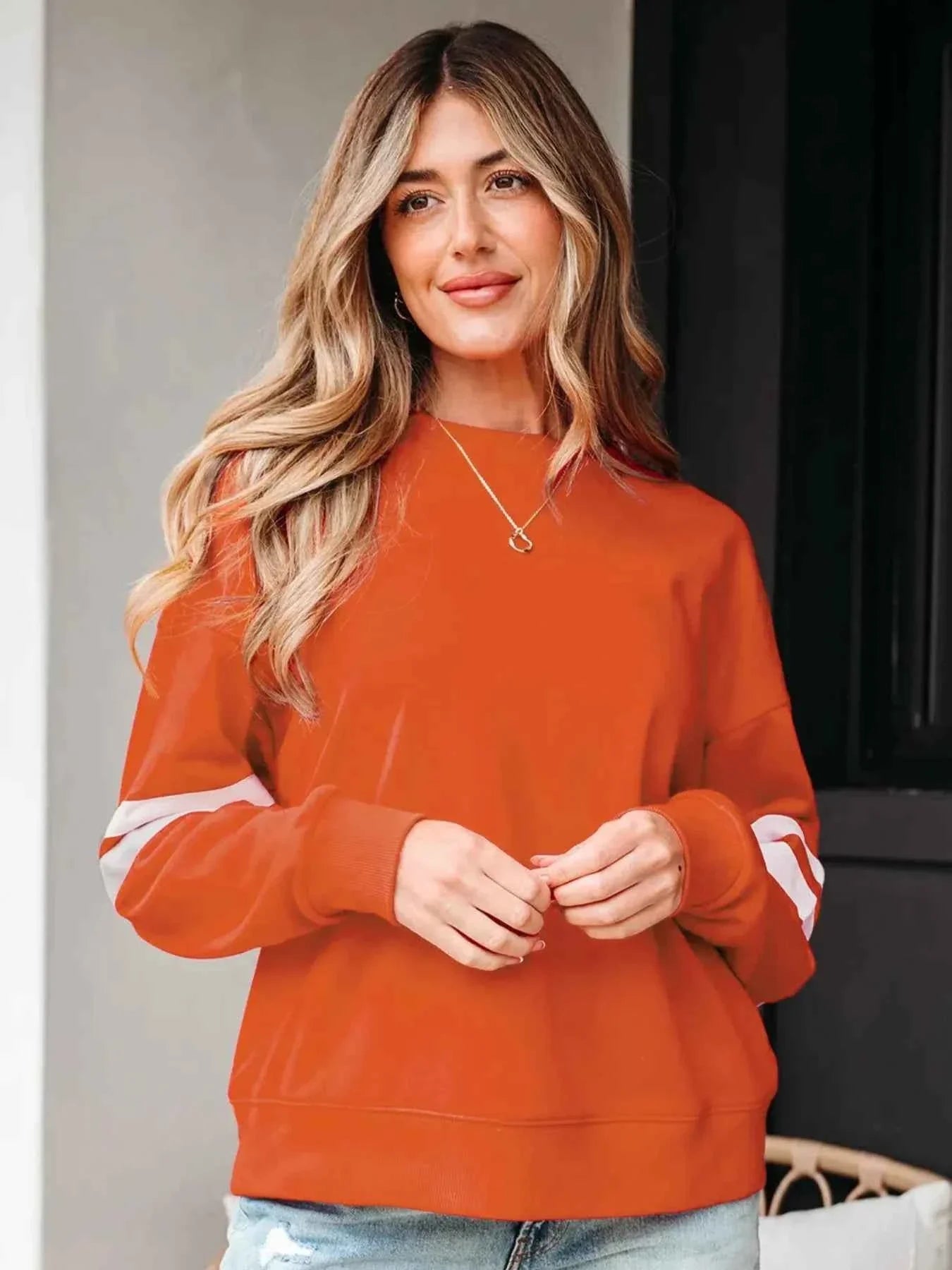 Stripe Round Neck Long Sleeve Sweatshirt Orange-red 24717f7b-a21e-4ab5-90fb-f4fe0be0895b-Max-Origin