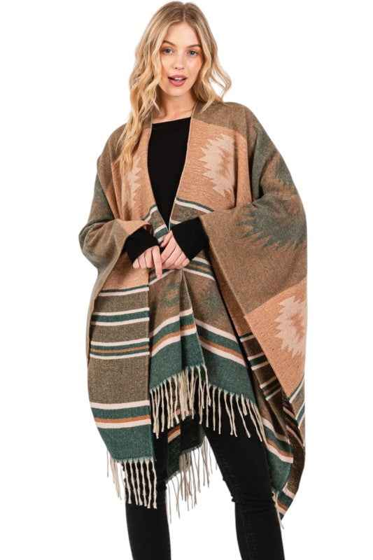 Aztec Pattern Fringe Ruana Cardigan Warp Scarf OLIVE O S 24773010_57791851-7487-4efe-b92b-b6193e96a3f3