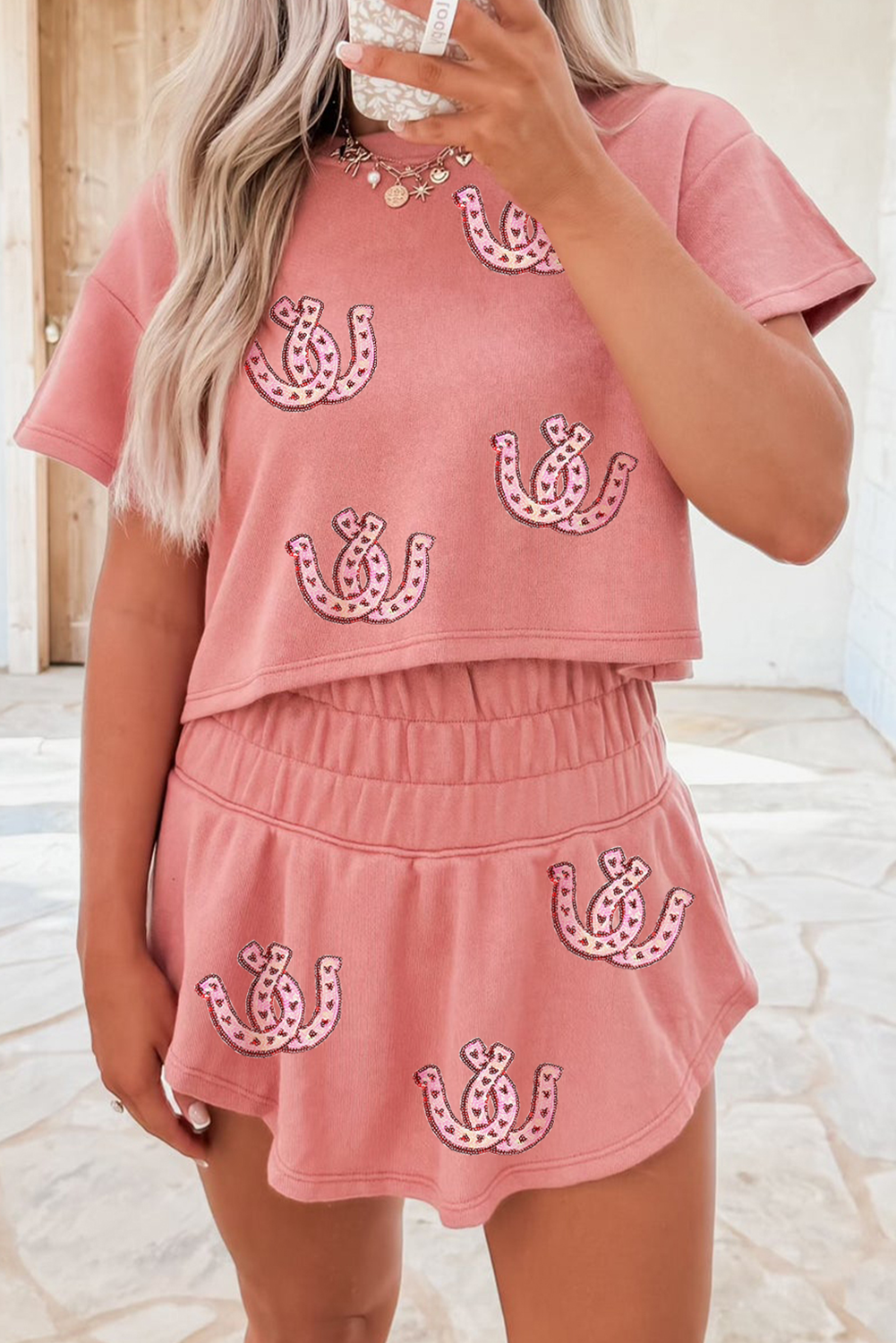 Blossom Sequin Horseshoe Cropped Tee and High Waist Skort Set Blossom 247b14bdc6f89e90