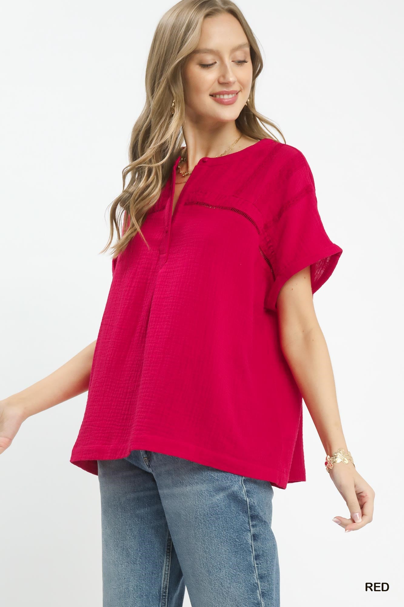 Umgee Textured Gauze Split-Neck Boho Blouse 247d9070-e7bc-4a02-ae8c-eb29971c755d-Max