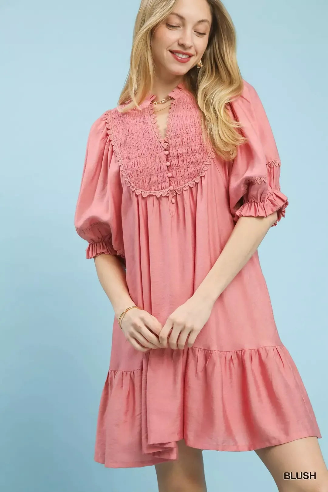 Umgee Smocked Bib Ruffle Hem Babydoll Dress BLUSH 247f1be9-fca6-45da-a1dd-2b94f88c9a5c-Max-Origin