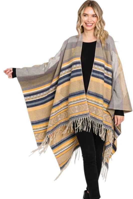 Aztec Stripe Pattern Fringe Ruana Cardigan Scarf Yellow O S 24810385_0c395cc1-d902-4f3b-951c-fb418225ebbd