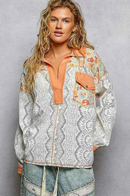 POL Floral Print Long Sleeve Lace Shirt with Front Pocket 248298d2-7065-4876-8363-02c893ad47d5-Max-Origin