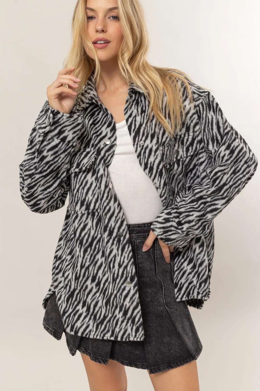HYFVE Zebra Print Snap Down Long Sleeve Shacket Black 24833d88-95ff-4a69-a12a-0fe628da8f16-Max